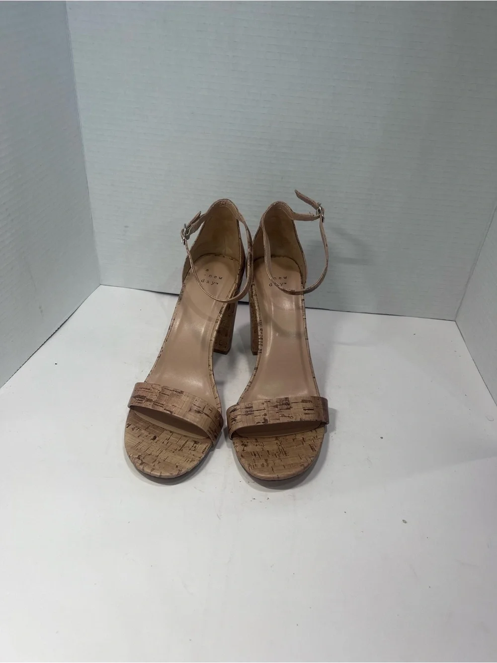 a new day Cork-Textured Tan Block Heel Sandals with Double Ankle Straps